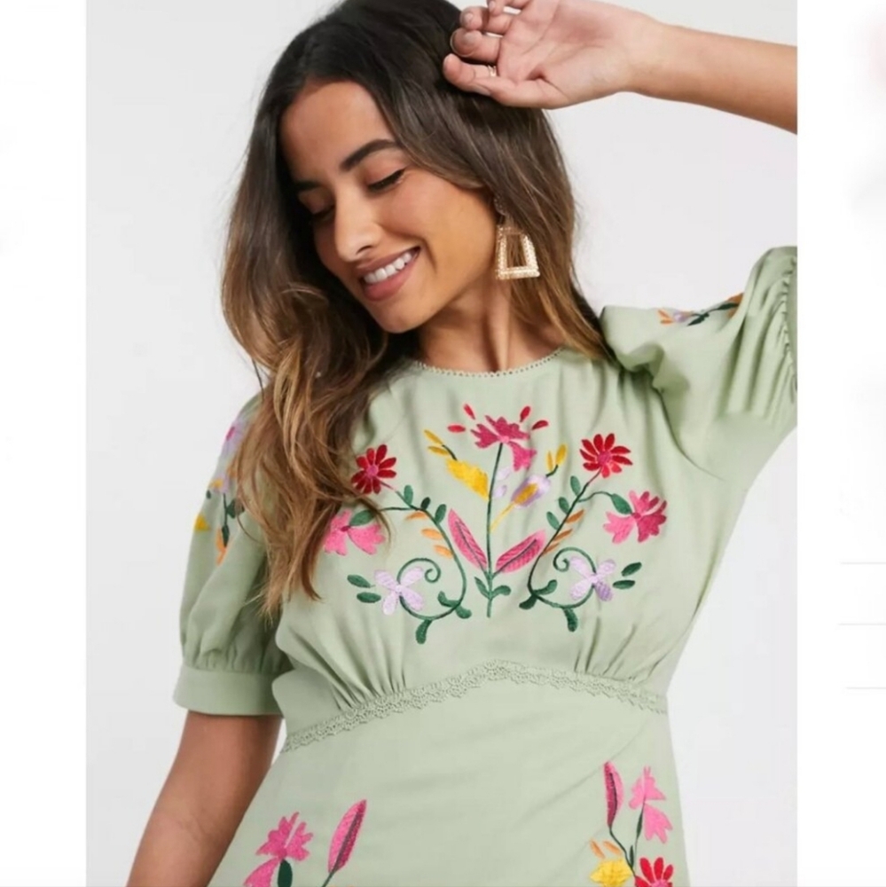 NWT ASOS Embroidered Green Tea Party Dress - Picture 3 of 11